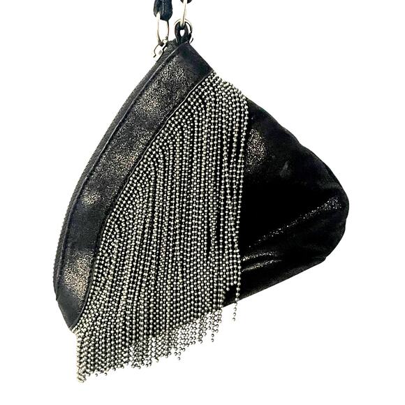 HOBO Black Leather Chain Fringe Wristlet Small Exquisite Evening Bag Mini Purse - Picture 2 of 9